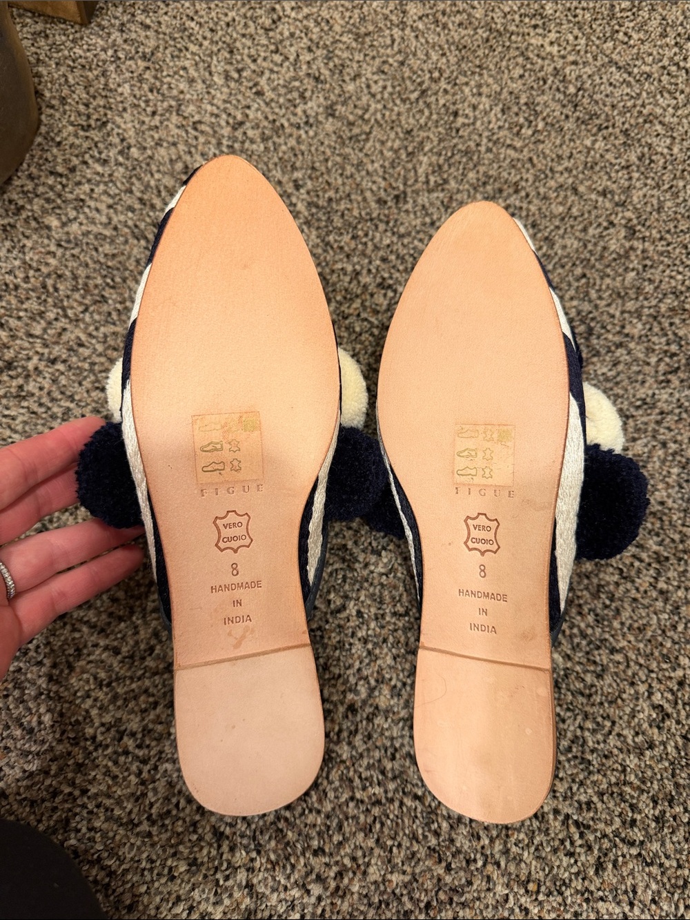Pom-Pom Slide Mules in Navy and Cream - Picture 2 of 4